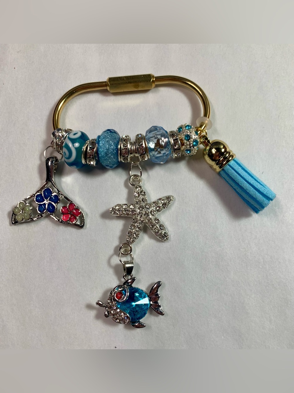 Blue Beach purse Charm/Keyring for with nautical theme withStarfish & Fish Charm